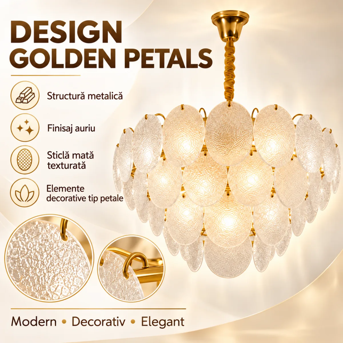 Candelabru Golden Petals 40 cm – Discuri din Sticlă Texturată și Finisaj Auriu Premium, Design Luxury pentru Living, Dining și Dormitor - imagine 3