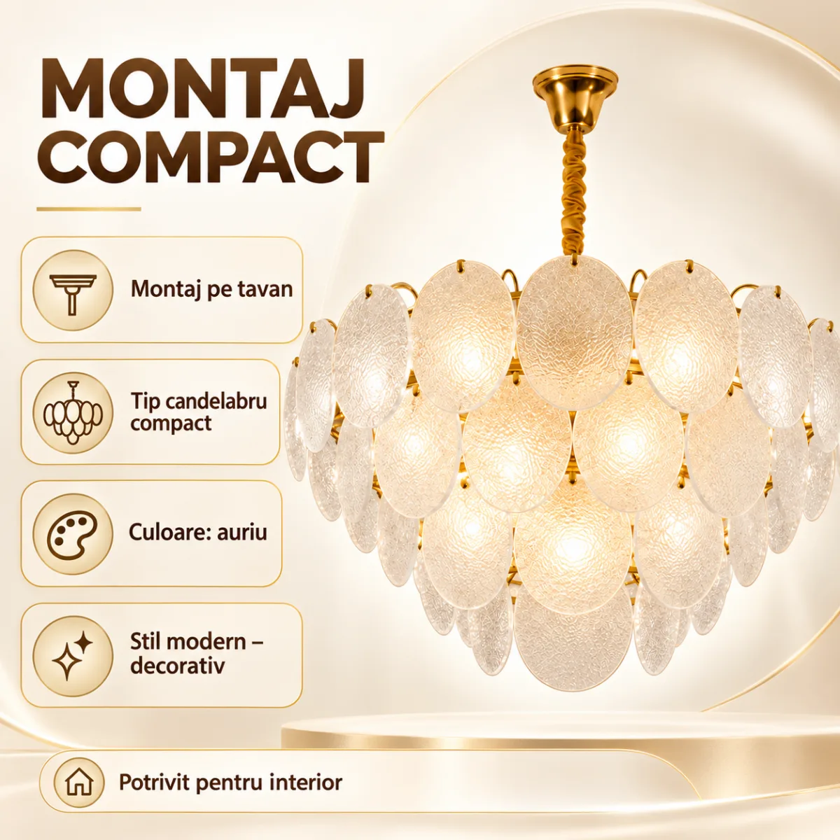 Candelabru Golden Petals 40 cm – Discuri din Sticlă Texturată și Finisaj Auriu Premium, Design Luxury pentru Living, Dining și Dormitor - imagine 4