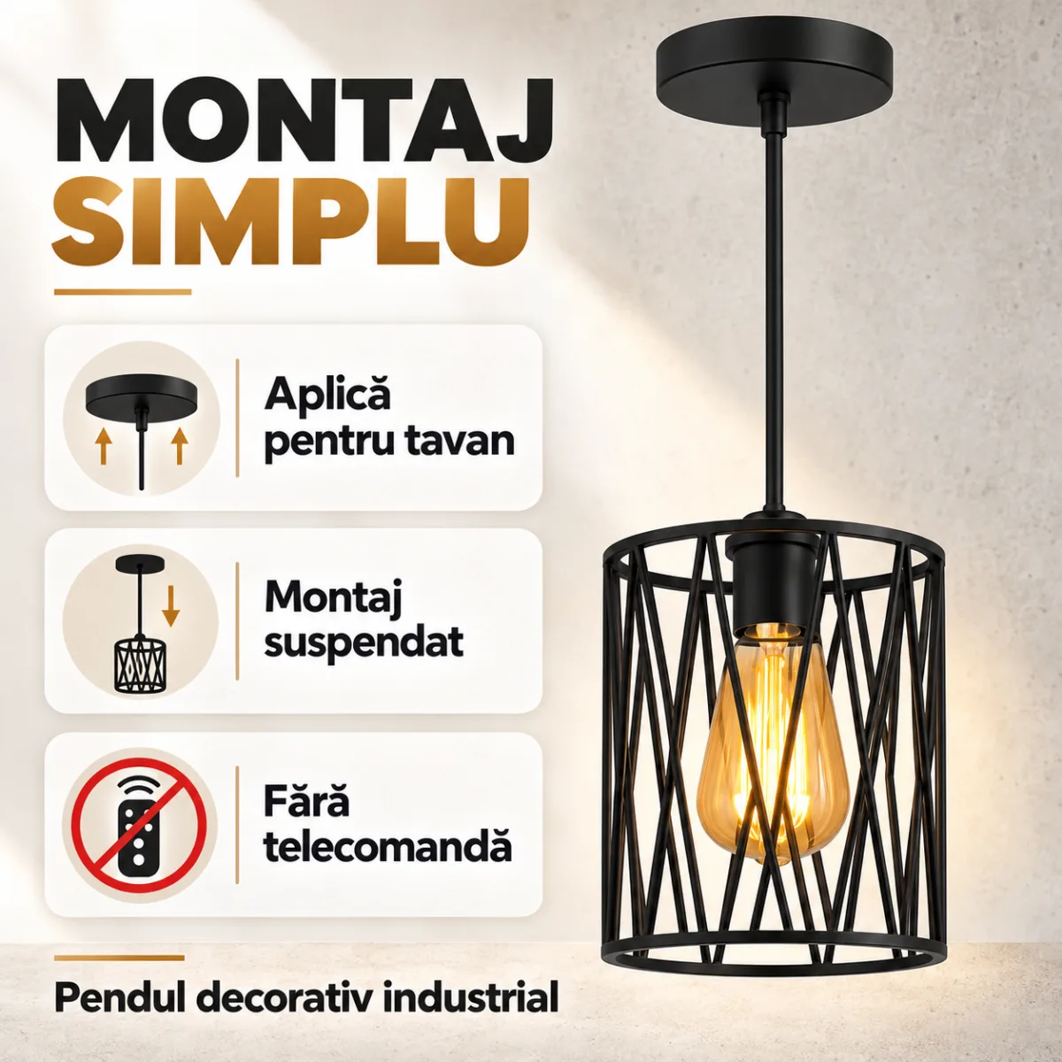 Pendul Industrial Loft Cage Negru 14 cm – Abajur Metalic Geometric, 1 Sursă E27 - imagine 5