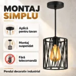 Pendul Industrial Loft Cage Negru 14 cm – Abajur Metalic Geometric, 1 Sursă E27 - imagine 5