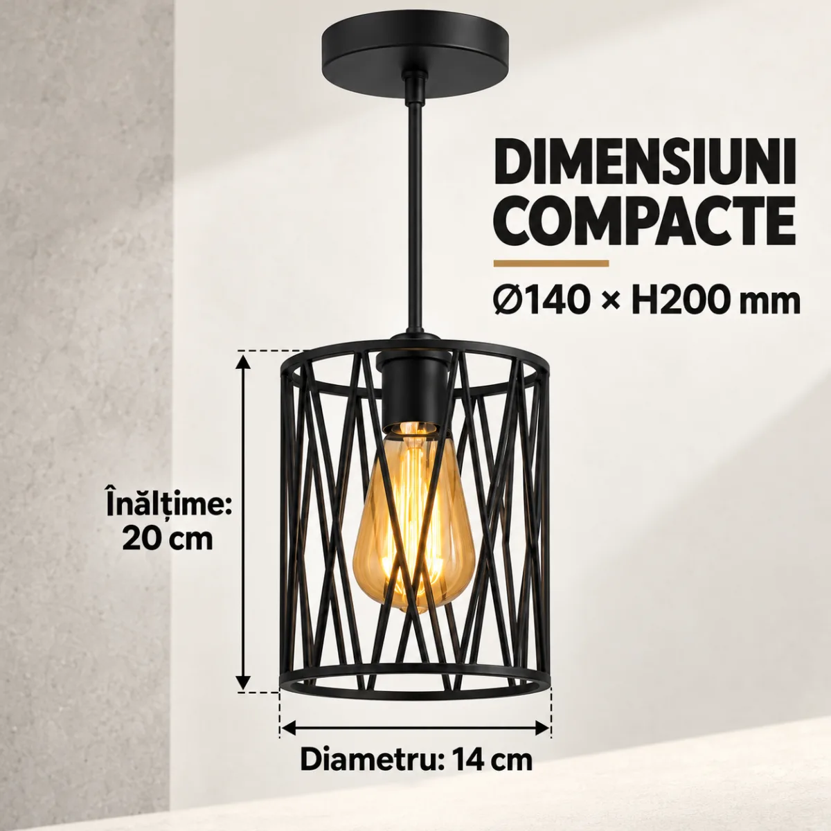 Pendul Industrial Loft Cage Negru 14 cm – Abajur Metalic Geometric, 1 Sursă E27 - imagine 4