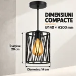 Pendul Industrial Loft Cage Negru 14 cm – Abajur Metalic Geometric, 1 Sursă E27 - imagine 4