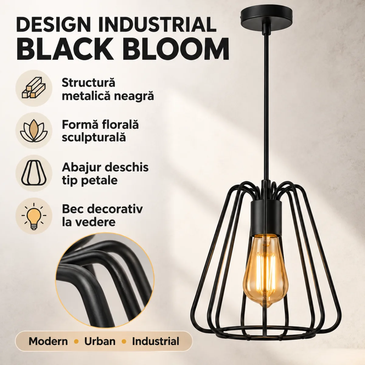 Pendul Industrial Black Bloom 21,5 – Design Metalic Sculptural, 1 Sursă E27 - imagine 3