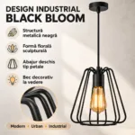 Pendul Industrial Black Bloom 21,5 – Design Metalic Sculptural, 1 Sursă E27 - imagine 3