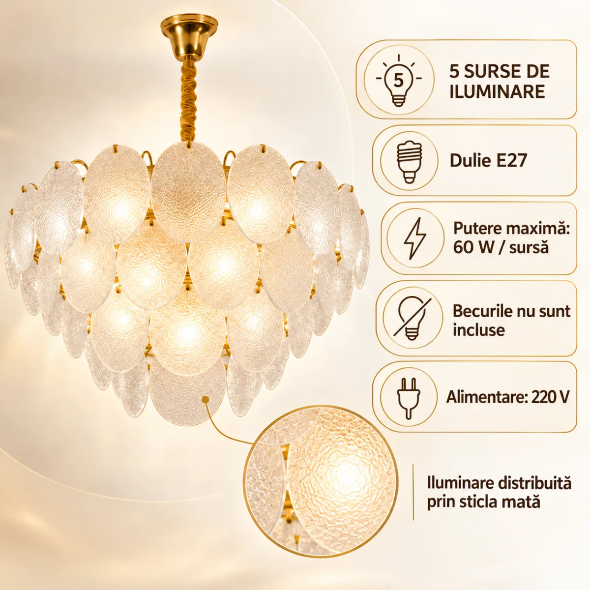 Candelabru Golden Petals 40 cm – Discuri din Sticlă Texturată și Finisaj Auriu Premium, Design Luxury pentru Living, Dining și Dormitor - imagine 6